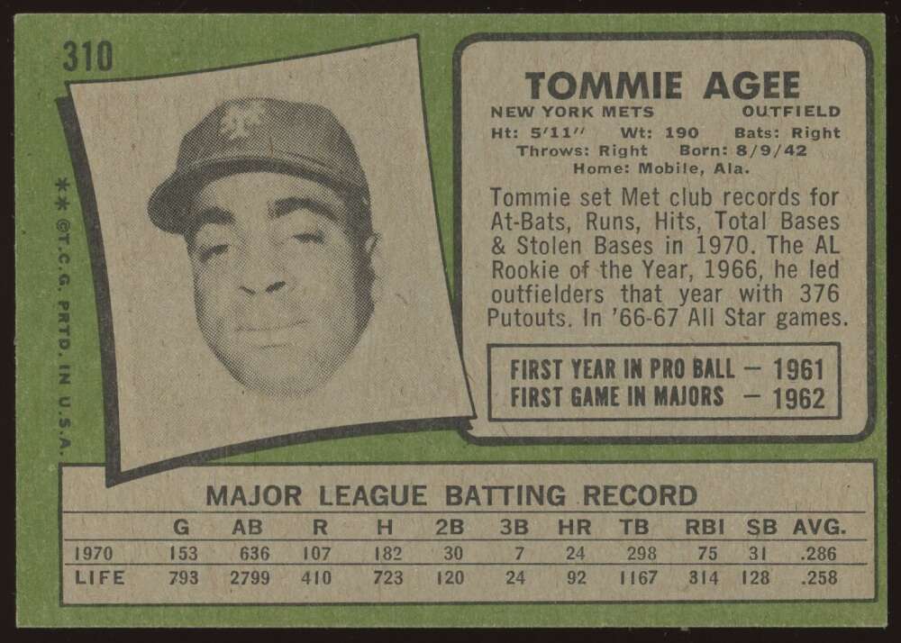 Topps Tommie Agee New York Mets Neuwertig Ebay